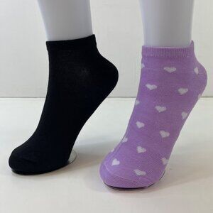 Womens Low-Cut Ankle Socks Set 2 Purple White Hearts Solid Black